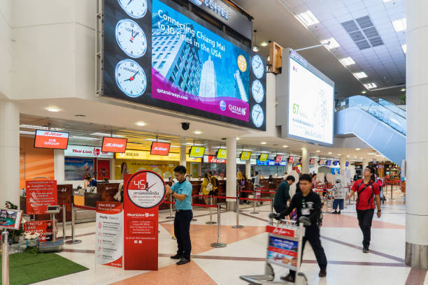 Interior view of Departure Hall at Chiang Mai International Airport Thailand Interior view of Departure Hall at Chiang Mai International Airport, it is the main airport in Northern of Thailand located near Myanmar and Laos chiang mai city stock pictures, royalty-free photos & images