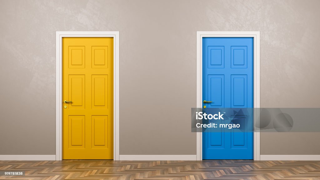 Two Closed Doors in Front in the Room Two Closed Doors with Different Color in Front in the Room 3D Illustration, Choice Concept Two Objects Stock Photo