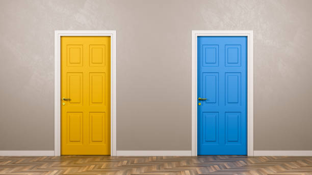 Two Closed Doors in Front in the Room Two Closed Doors with Different Color in Front in the Room 3D Illustration, Choice Concept two objects stock pictures, royalty-free photos & images