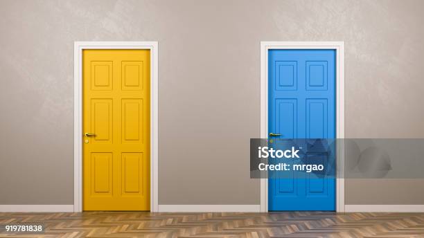 Two Closed Doors In Front In The Room Stock Photo - Download Image Now - Two Objects, Choice, Door