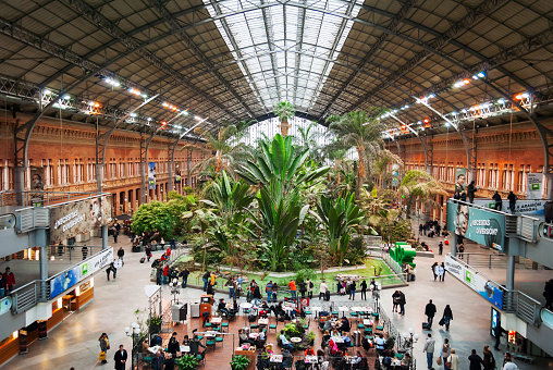 Madrid, Spain, february 2010: botanical garden and people sitting at the tables inside the atocha train station in Madrid, Spain