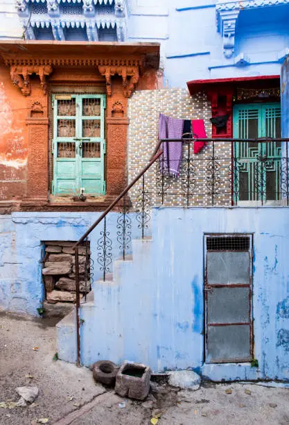 Exterior of a traditional colourful  Indian house at the blue city of Jodhpur at Rajasthan, India, Asia