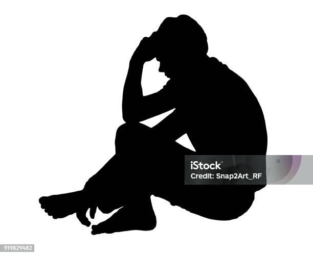 Side Profile Portrait Silhouette Of Depressed Teenage Boy Sitting On Ground Thinking Stock Illustration - Download Image Now