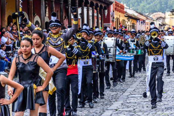 Marching bands on Guatemalan Independence Day, Antigua, Guatemala stock photo