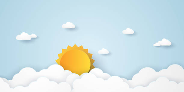 облачный пейзаж , голубое небо с облаками и солнцем , стиль бумажного искусства - cloudscape meteorology vector backgrounds nature stock illustrations