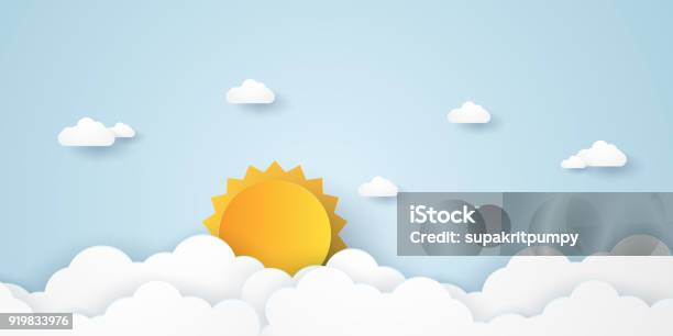 Cloudscape Blue Sky With Clouds And Sun Paper Art Style Stock Illustration - Download Image Now