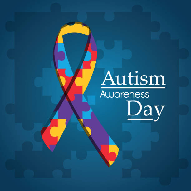 autism awareness day puzzle shape ribbon blue background autism awareness day puzzle shape ribbon blue background vector illustration autism stock illustrations