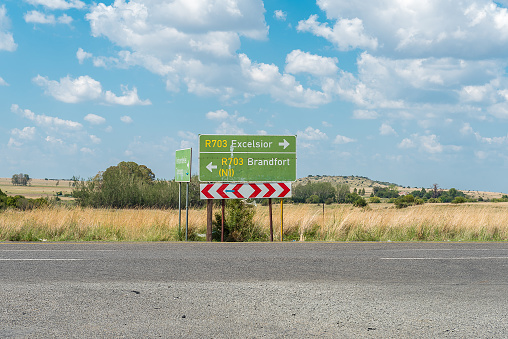 Directional road signs on the R703-road at the entrance to Verkeerdevlei, a village in the Free State Province of South Africa