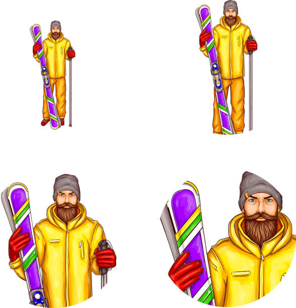 illustrations, cliparts, dessins animés et icônes de vecteur pop art avatar, icône de blog, chat de snowboarder - cartoon homme barbu en costume de planche à neige, tenue de snowboard - pocket suit glasses jacket