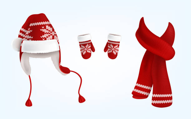 3D vector knitted santa hat, mittens and scarf Vector realistic illustration of knitted santa hat with earflaps, red mittens and scarf with decorative pattern on them, isolated on background. Christmas traditional clothes for head, hands and neck scarf stock illustrations