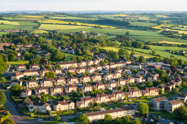 Aerial view of suburban streets and fields
