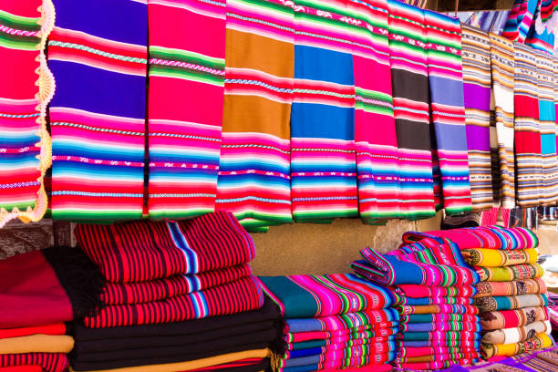Tarabuco traditional market view, Bolivia. Colorful blankets background