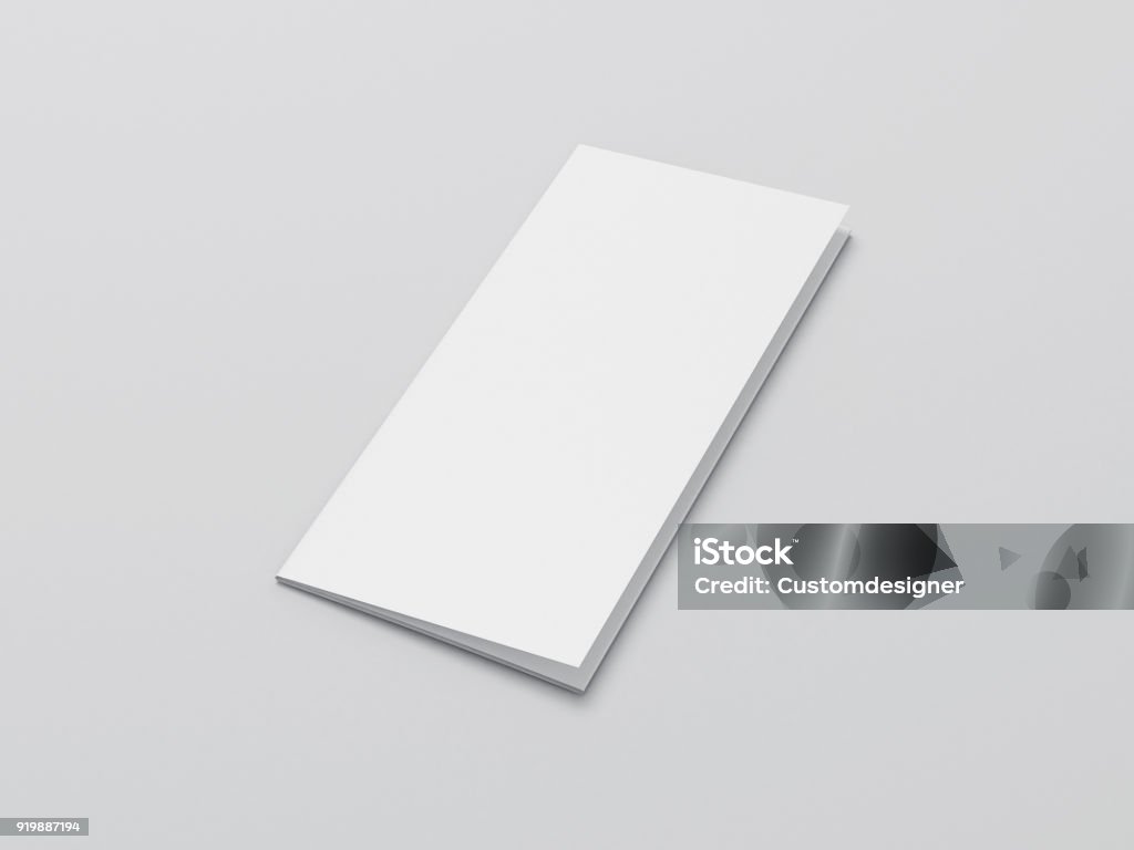 Blank folded paper Leaflet or Flyer mock up on gray background Blank folded paper Leaflet or Flyer mock up on gray background, 3d rendering Flyer - Leaflet Stock Photo