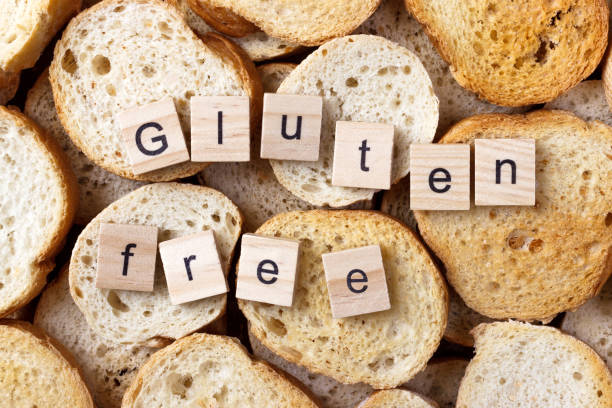 gluten free text on Background from many small round rusks. Top view