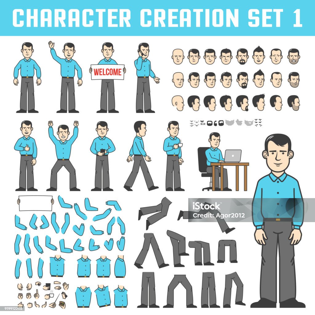 Character creation set Character creation set. A man in a shirt and trousers in various poses - stands, goes, drinks coffee, and works both. Individual parts of the body and face in different positions. Characters stock vector