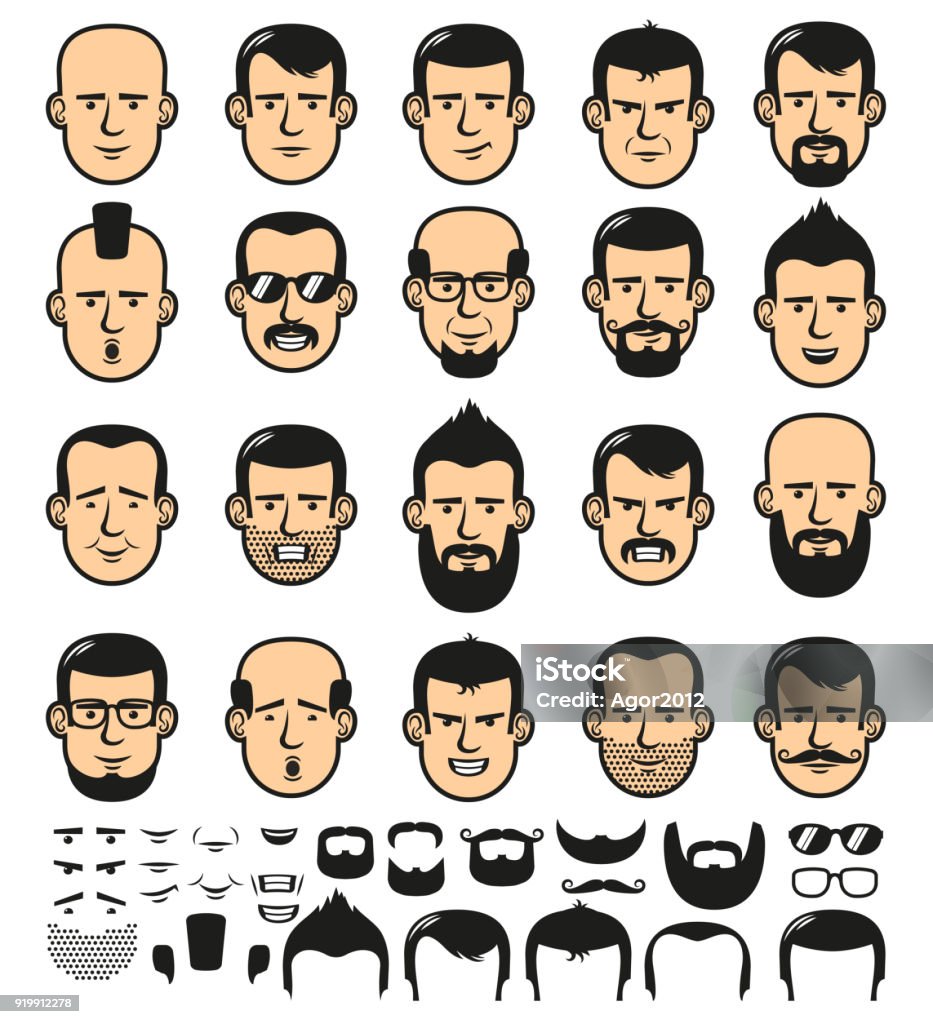 Male faces with haircuts Set of men faces template with different stylish beards, mustaches, and haircuts.  Vector illustration Mohawk stock vector