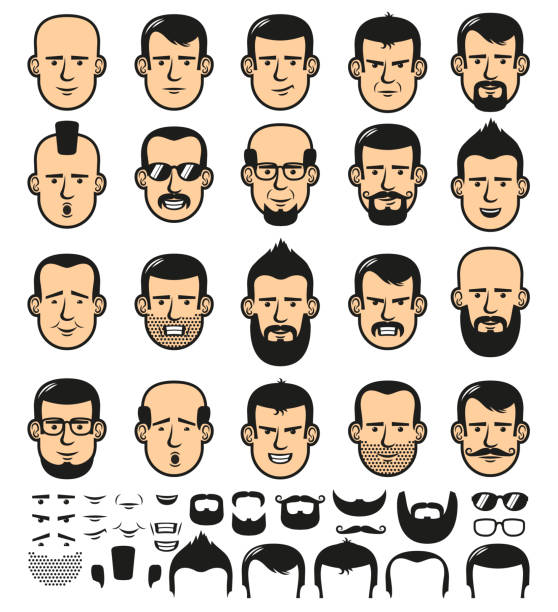 Male faces with haircuts Set of men faces template with different stylish beards, mustaches, and haircuts.  Vector illustration mohawk stock illustrations