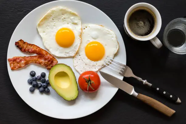 Healthy breakfast on plate consisting of fried eggs and bacon, half an avocado, a tomato and a handful of antioxidant rich blueberries. On the side is a cup of bulletproof coffee made with MCT oil (from coconut oil) and butter.