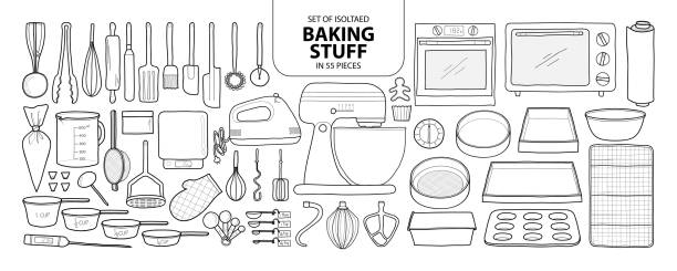 Set of isolated baking stuff in 55 pieces. Cute hand drawn kitchen tools vector illustration in black outline and white plane. Set of isolated baking stuff in 55 pieces. Cute hand drawn kitchen tools vector illustration in black outline and white plane on white background. cooking drawings stock illustrations