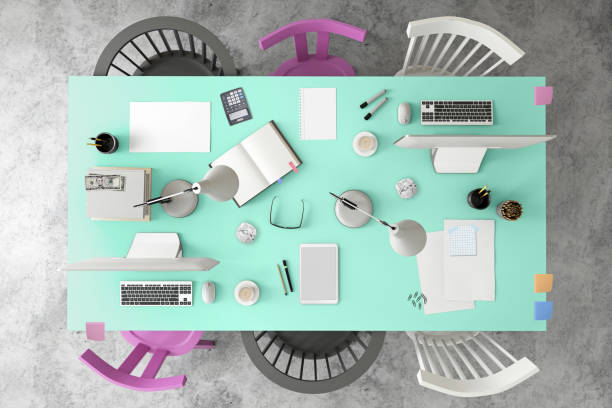 istock Knolling top view of a team office table 919964308