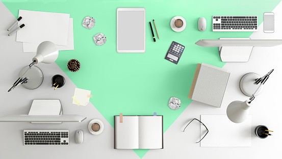 Top knolling view of an office desk. business template. teamwork scene, with laptop, papers, notebook, tablet etc. creative mess designer background. mock up template. render