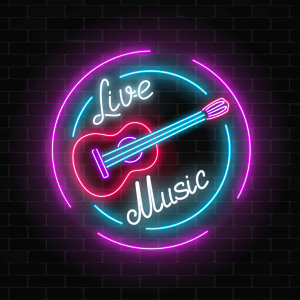 Neon sign of bar with live music on a brick wall background. Advertising glowing signboard with classic guitar symbol. Neon sign of bar with live music on a brick wall background. Advertising glowing signboard of sound cafe with classic guitar symbol. Vector illustration. guitar borders stock illustrations