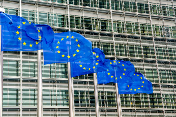 flagi unii europejskiej przed budynkiem komisji europejskiej w berlaymont w brukseli, belgia - berlaymont building zdjęcia i obrazy z banku zdjęć