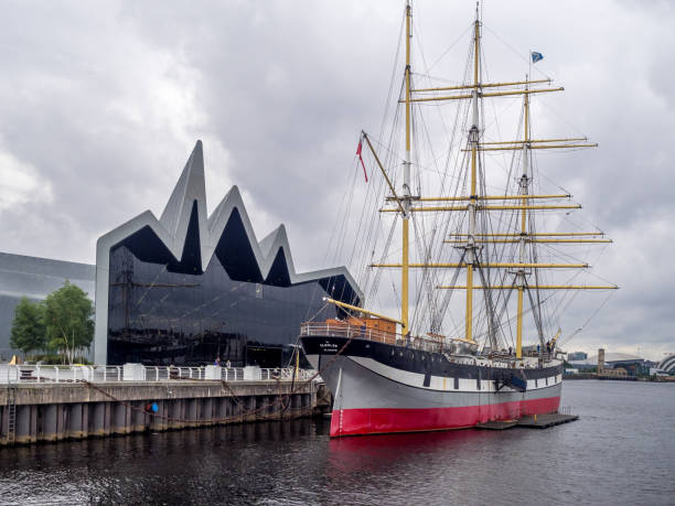 Riverside Museum, Glasgow Glasgow, UK - July 22, 2017: The historic Glenlee sailing ship along the Riverside Museum  in Glasgow, Scotland. The Riverside Museum is the Museum of Transport in Scotland. riverbank stock pictures, royalty-free photos & images