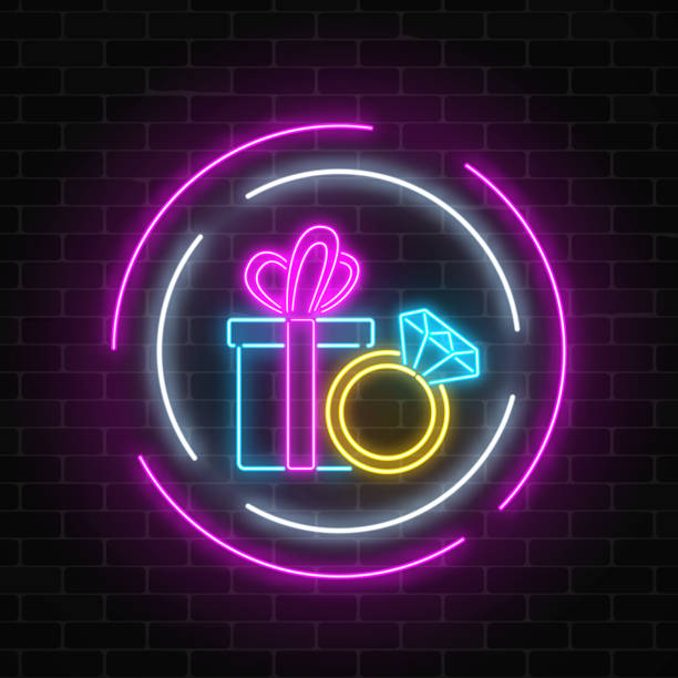 ilustrações de stock, clip art, desenhos animados e ícones de glowing neon banner with a gift box and a ring with a diamond on dark brick wall background. - child women outdoors mother