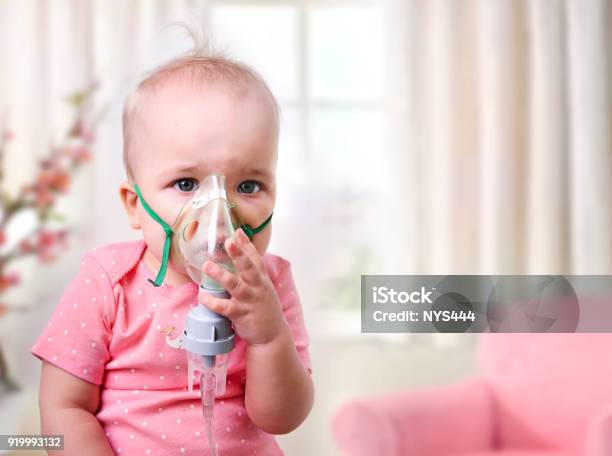 Baby Inhalationchild With Mask On Face Stock Photo - Download Image Now - Baby - Human Age, Breathing Exercise, Inhaling