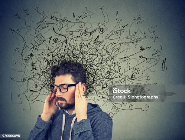 Thoughtful Stressed Man With A Mess In His Head Stock Photo - Download Image Now - Adult, Adults Only, Anxiety