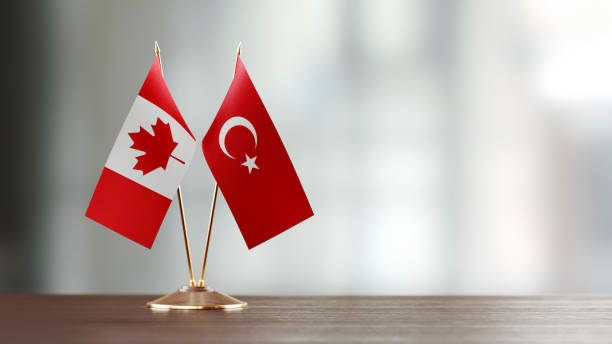 istock Canadian And Turkish Flag Pair On A Desk Over Defocused Background 920011234