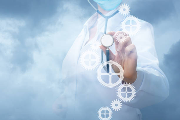 istock Doctor and mechanism on sky background. 920013772