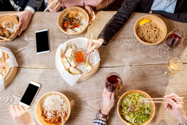 top view on the table full of asian meals - gourmet enjoyment food freshness imagens e fotografias de stock