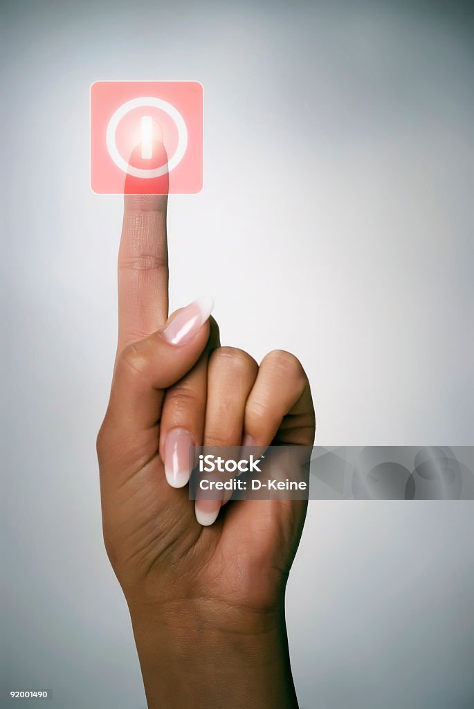 Button Female hand presses the button Color Image Stock Photo