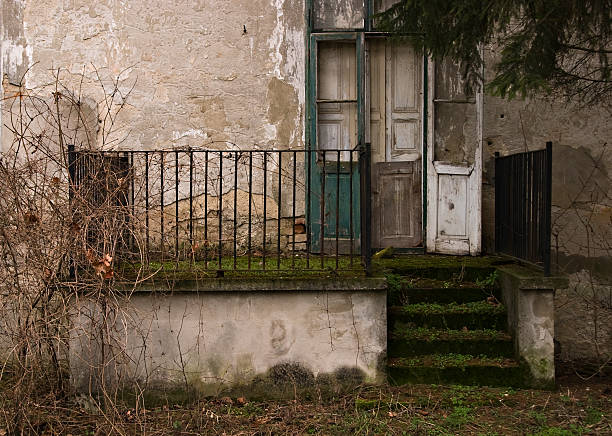 Stairs littered with leaves leading up to a porch with open door, porch railing and a supportive column. Abandoned building detail.