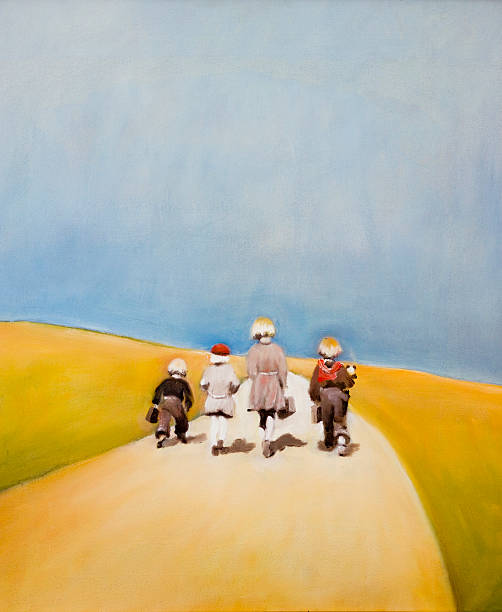 Four small girls walking on yellow road "Away from home" Oil painting "Away from home" with four children walking on the yellow landscape with blue sky, full frame vertical composition with copy space child art people contemporary stock illustrations