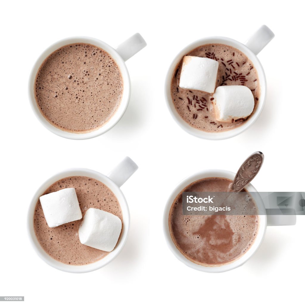 Cocoa drink in white mug isolated on white, from above Cocoa drinks with marshmallows in white mug isolated on white background, top view Hot Chocolate Stock Photo