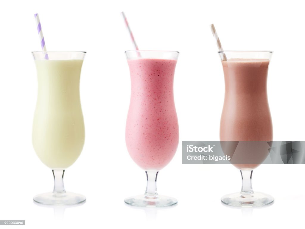 Vanilla, Strawberry and Chocolate milkshake Strawberry, chocolate and vanilla milkshake isolated on white background Milkshake Stock Photo