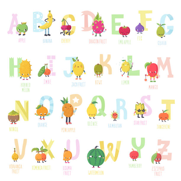 illustrations, cliparts, dessins animés et icônes de dessin animé mignon fruits direct vecteur alphabet. - kawani fruit