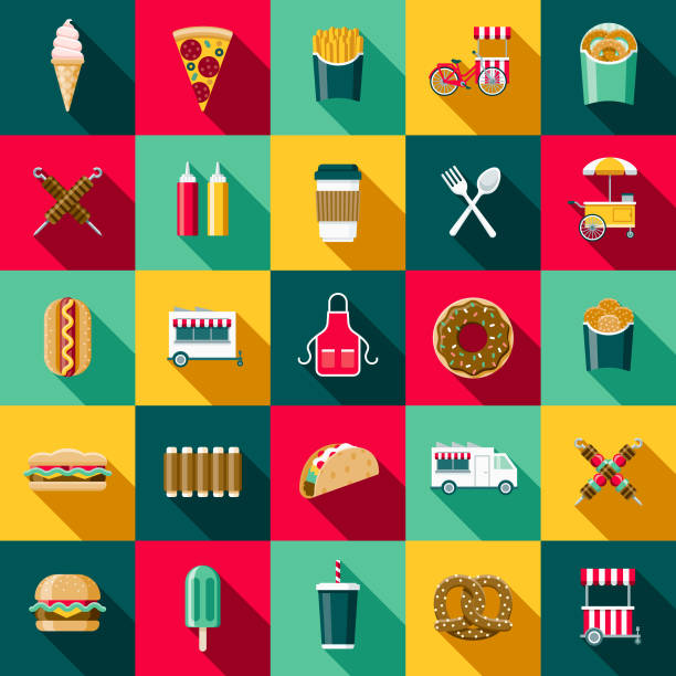 Flat Design Street Food Icon Set with Side Shadow A set of flat design styled street food icons with a long side shadow. Color swatches are global so it’s easy to edit and change the colors. street food stock illustrations
