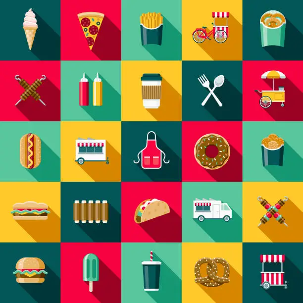 Vector illustration of Flat Design Street Food Icon Set with Side Shadow