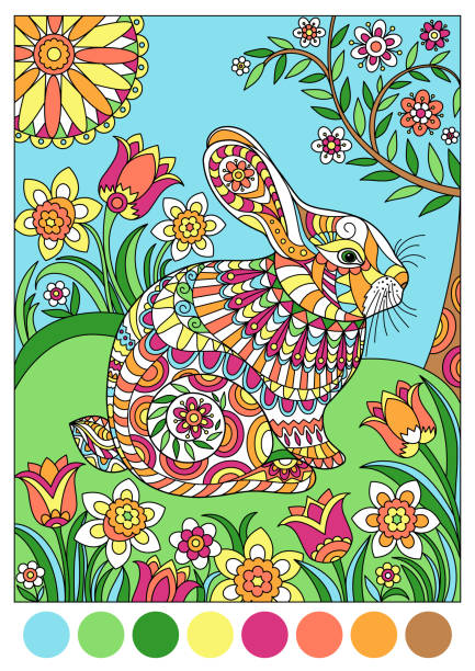 Colorful spring rabbit for template or cover coloring book Easter background with creative cute bunny. Vector illustration. coloring book cover stock illustrations