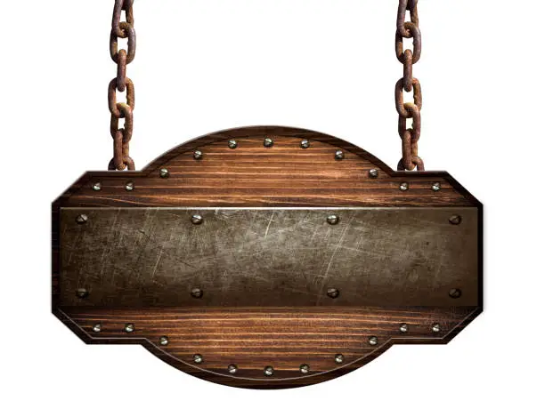 Wooden sign in a dark wood with iron strap and bolts hanging on chain isolated on white background, used as a finished object for design