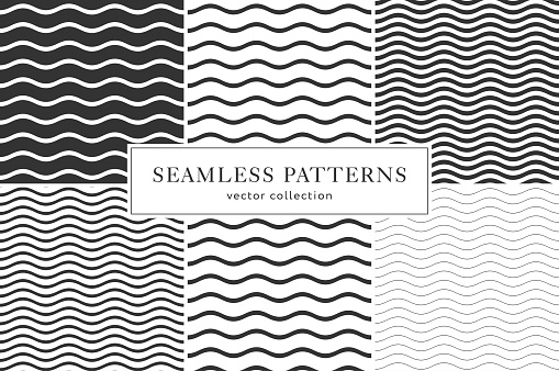 Set of waves geometric seamless pattern. Simple black and white background design. Template for prints, wrapping paper, fabrics, covers, flyers, banners, posters and placards, Vector illustration.