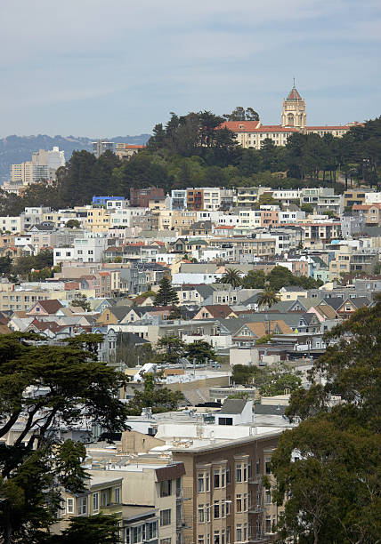 View of modern building exterior of central district of San Francisco city, the United States