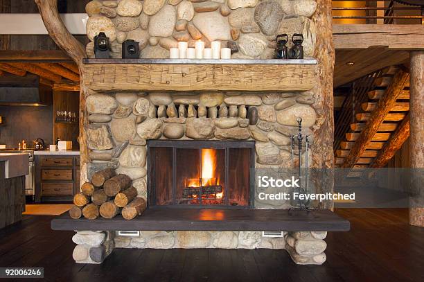 Rustic Fireplace Stock Photo - Download Image Now - Fireplace, Log Cabin, Indoors