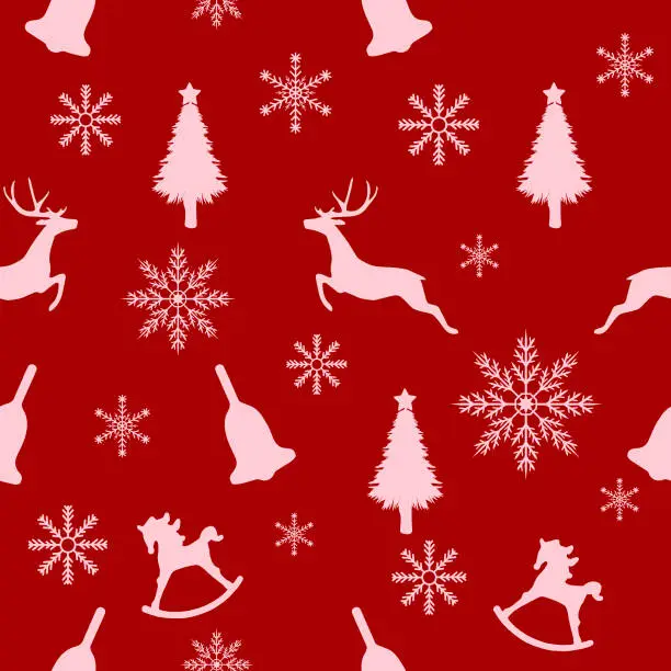 Vector illustration of Christmas seamless pattern, white outlines on red background