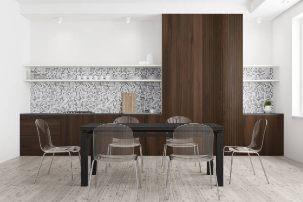 istock White and dark wooden dining room 920063984
