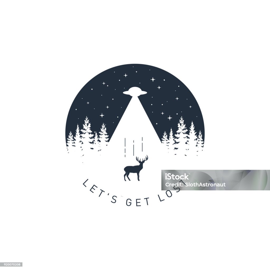 Hand drawn travel badge with textured vector illustration. Hand drawn travel badge with deer textured vector illustration and "Let's get lost" inspirational lettering. UFO stock vector